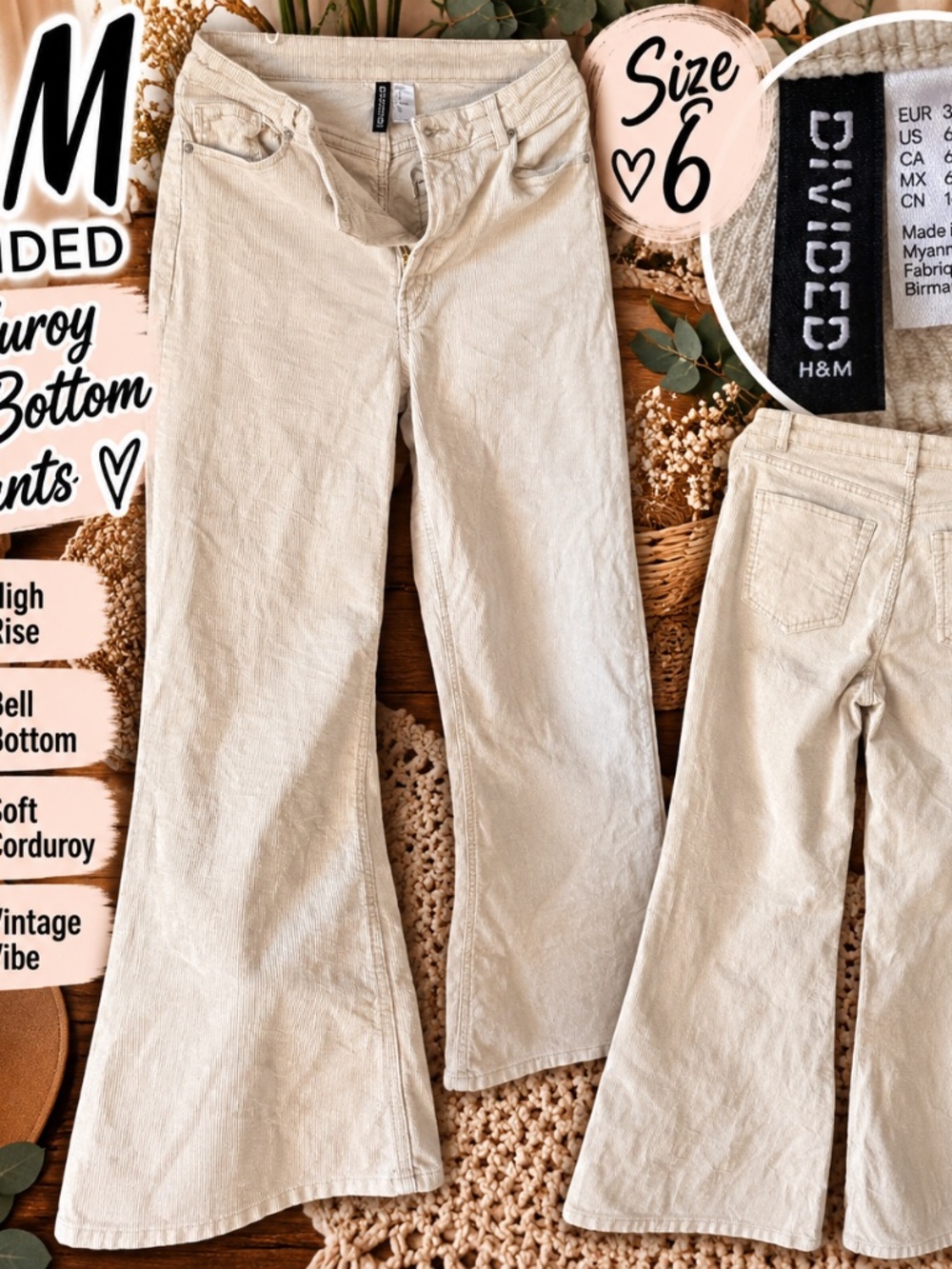 H&M Divided Cream Corduroy Bell Bottom Flare Pants Size 6 🤎✨
